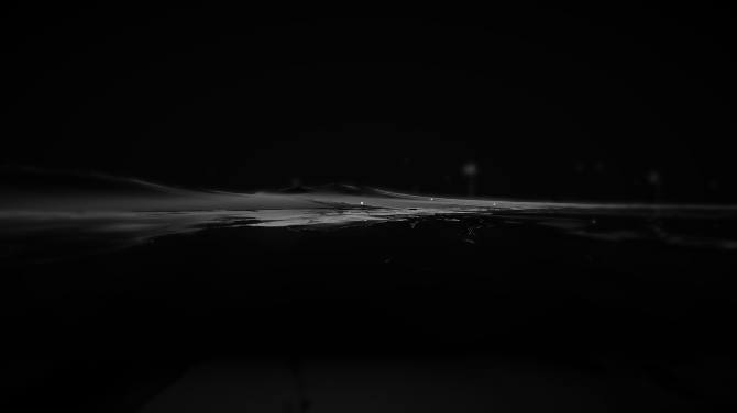 A dark reflective surface with scattered points of light, black and grey tones, calm and mysterious.